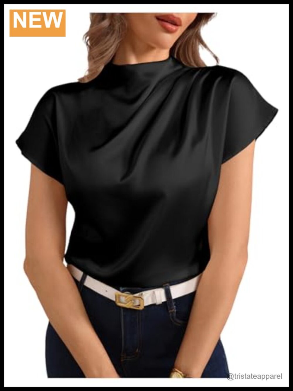 Women's Satin Mock Neck Short Sleeve Blouse Ruched Elegant Keyhole Back Office